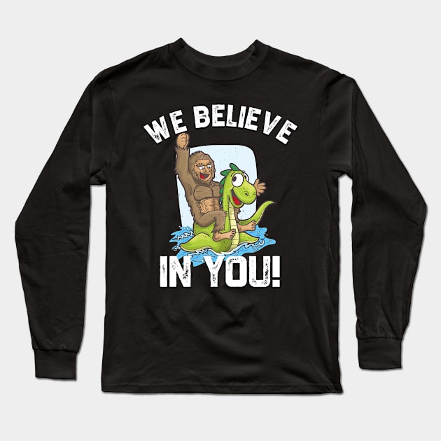 Bigfoot Riding Nessie We Believe in You Loch Ness Long Sleeve T-Shirt by Bluebird Moon